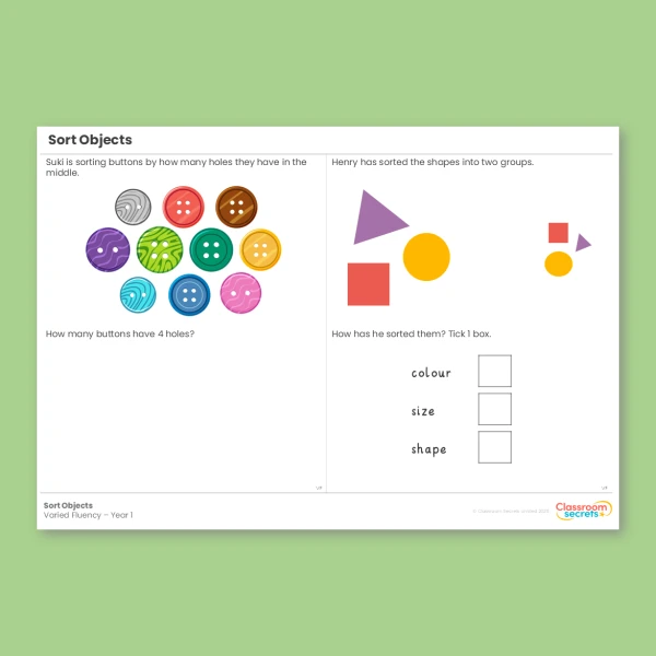 Year 1 Sort Objects Place Value (within 10) Varied Fluency