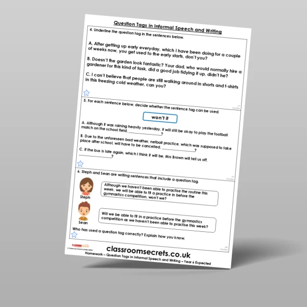 An image of the Question Tags in Informal Speech and Writing Homework Resource
