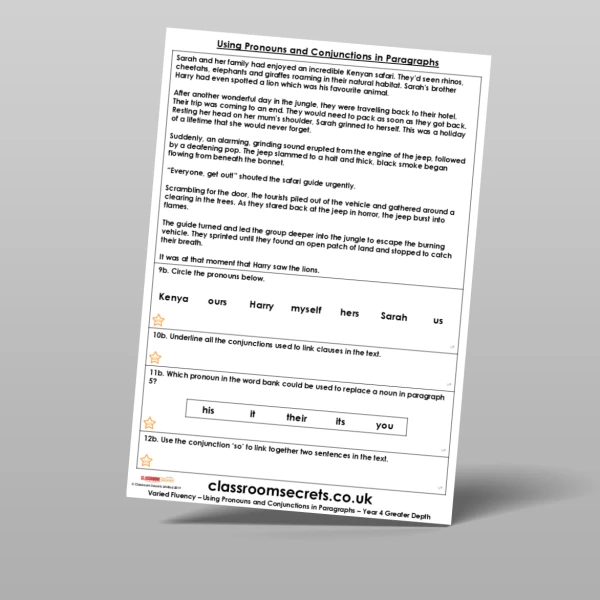 An image of the Using Pronouns and Conjunctions in Paragraphs Varied Fluency Resource