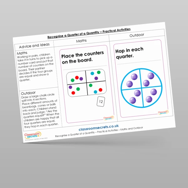 An image of the Recognise a Quarter of a Quantity Practical Activities Resource