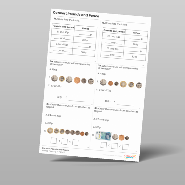 Year 3 Convert Pounds And Pence Varied Fluency 2 Resource | Classroom ...