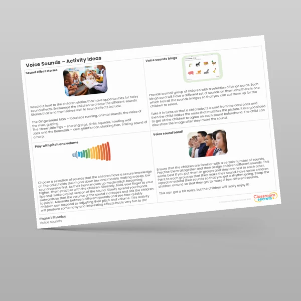 An image of the Phase 1 Phonics Voice Sounds Activity Ideas Resource