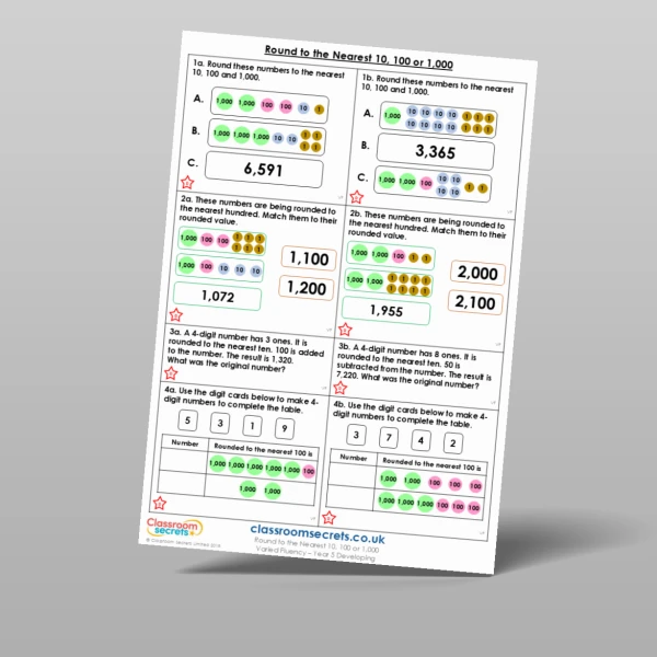 An image of the Round to the Nearest 10, 100 or 1,000 Varied Fluency Resource
