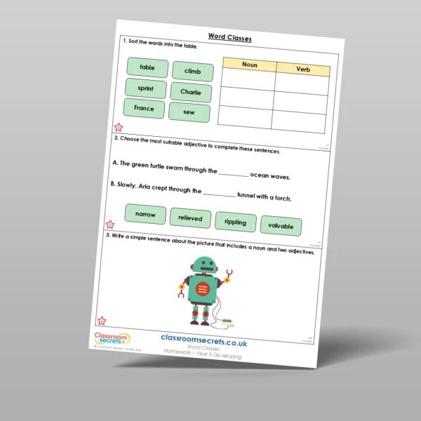 An image of the Free Word Classes Homework Resource
