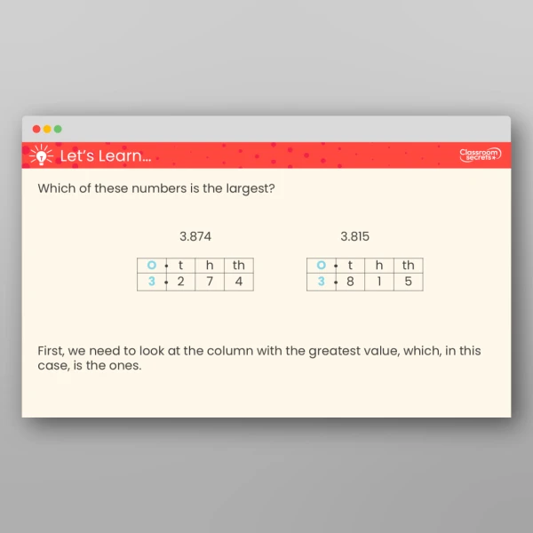 An image of the Order and Compare Decimals (Same Number of Decimal Places) Teaching PPT Resource
