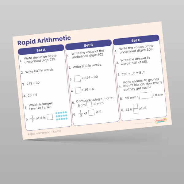 An image of the Free Summer 1 Week 1 Rapid Arithmetic Resource