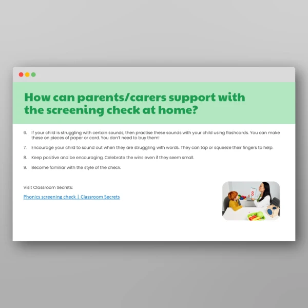 An image of the Phonics Screening Check Information for Parents Resource