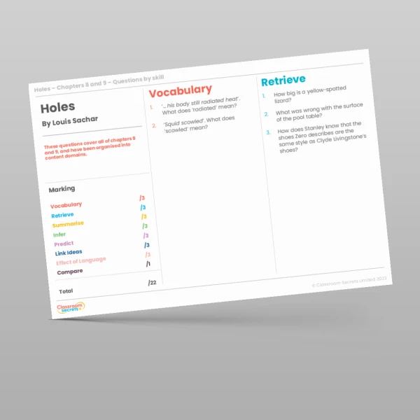 An image of the Reading Skills - Holes - Chapters 8 and 9 Resource