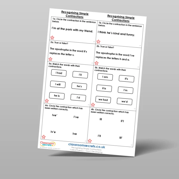 An image of the Free Recognising Simple Contractions Varied Fluency Resource