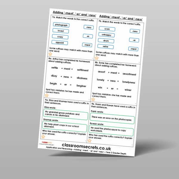 An image of the Adding '-ment', '-er' and '-ness' Application and Reasoning Resource
