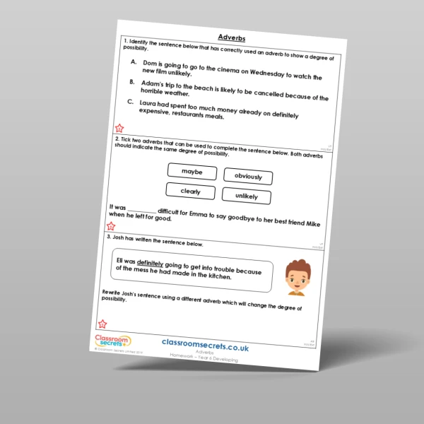 An image of the Adverbs Homework Resource