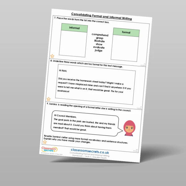 An image of the Consolidating Formal and Informal Writing Homework Resource