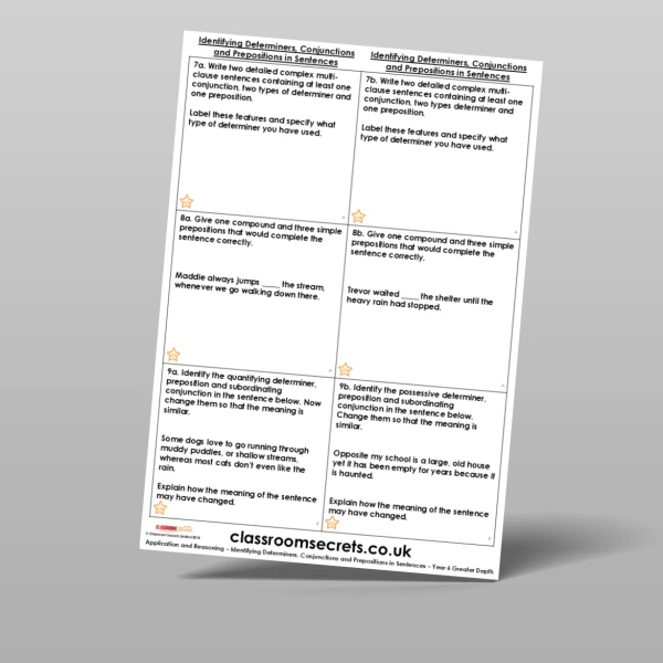 An image of the Identifying Determiners, Conjunctions and Prepositions in Sentences Application and Reasoning Resource