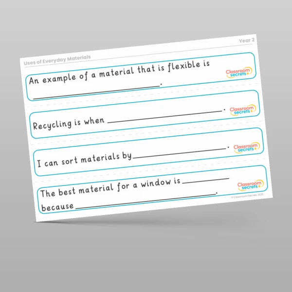 An image of the Uses of Everyday Materials Stem Sentences Resource