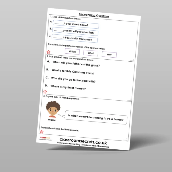 An image of the Free Recognising Questions Homework Resource