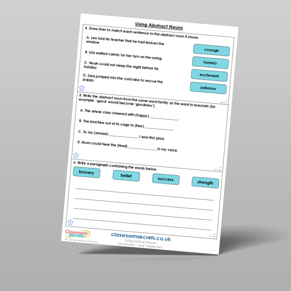 An image of the Using Abstract Nouns Homework Resource