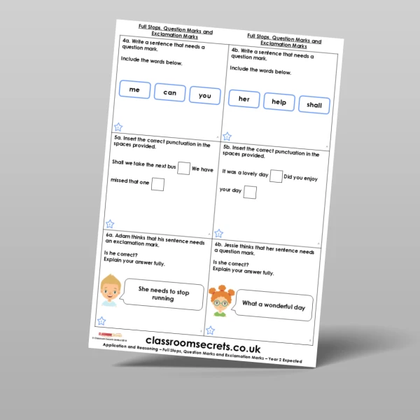 An image of the Full Stops, Question Marks and Exclamation Marks Application and Reasoning Resource