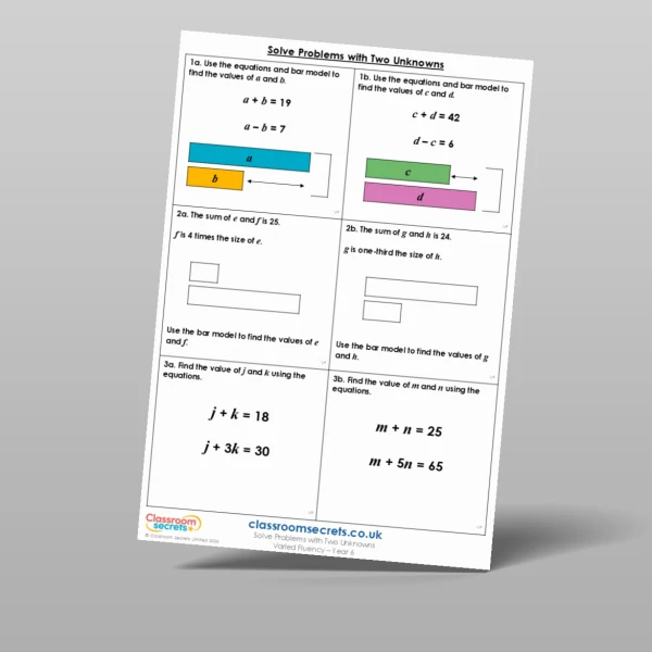 An image of the Solve Problems with Two Unknowns Varied Fluency Resource