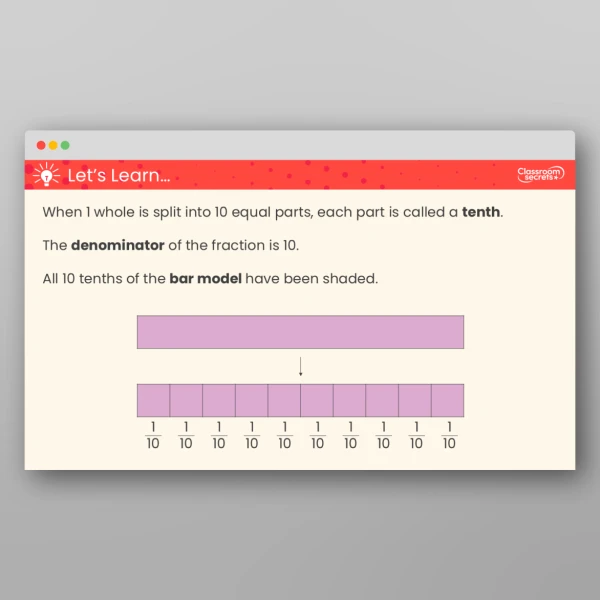 An image of the Tenths as Fractions Teaching PPT Resource