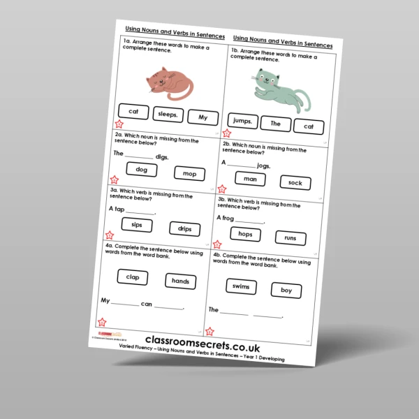 An image of the Using Nouns and Verbs in Sentences Varied Fluency Resource
