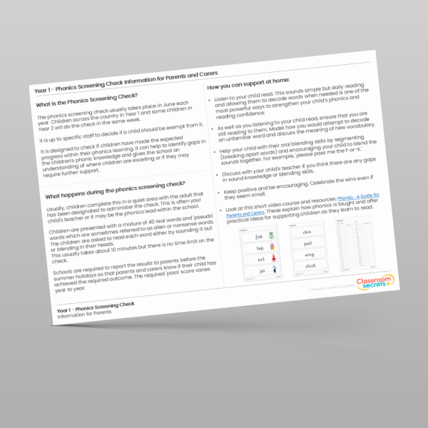 Yearone Screening Examples Year 1 Phonics Screening Information For Parents Resource | Classroom ...