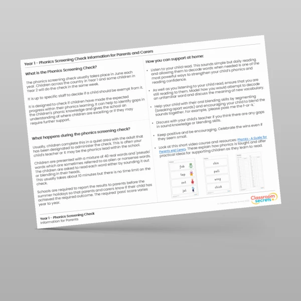 An image of the Phonics Screening Information for Parents Resource