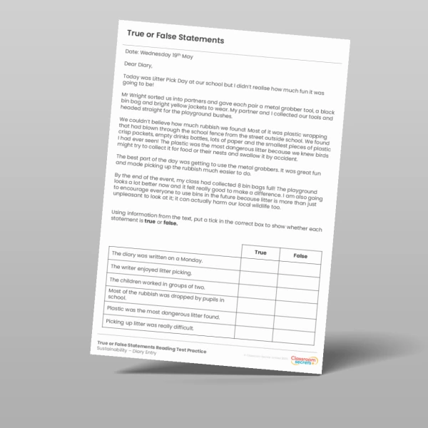 An image of the True or False Statements Reading Test Practice - Sustainability Resource