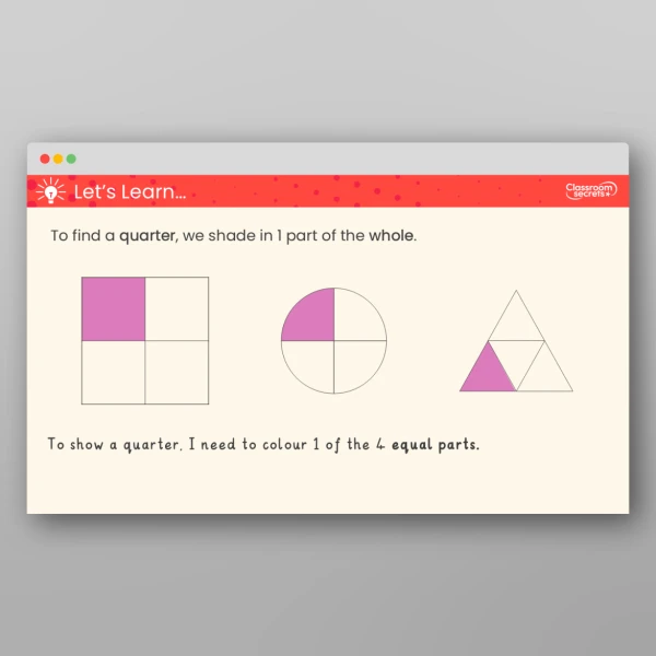 An image of the Find a Quarter of an Object or a Shape Teaching PPT Resource