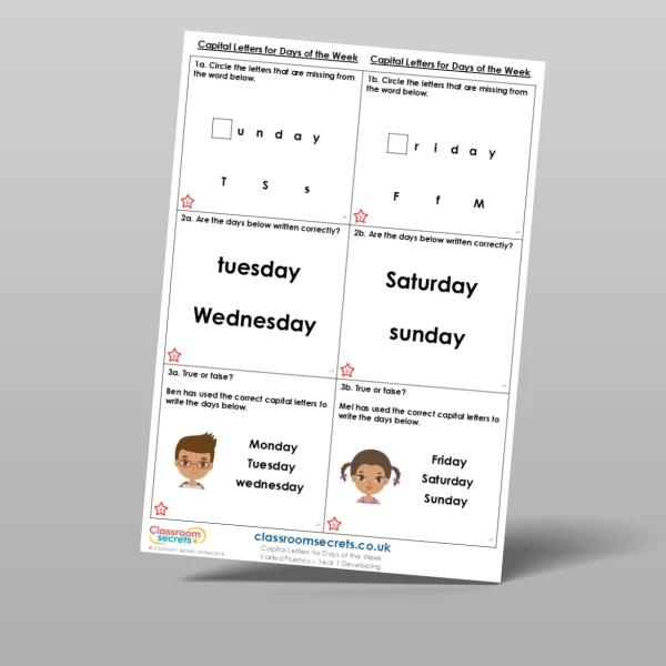An image of the Capital Letters for Days of the Week Varied Fluency Resource