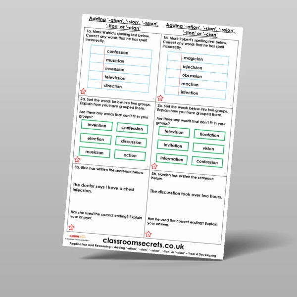 An image of the Adding '-ation', '-sion', '-ssion', '-tion' or '-cian' Application and Reasoning Resource
