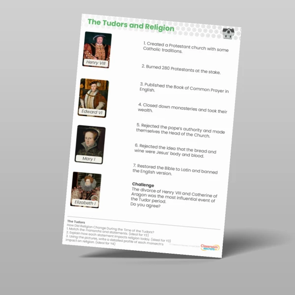 An image of the How did Religion Change During the Time of the Tudors? Worksheet Resource