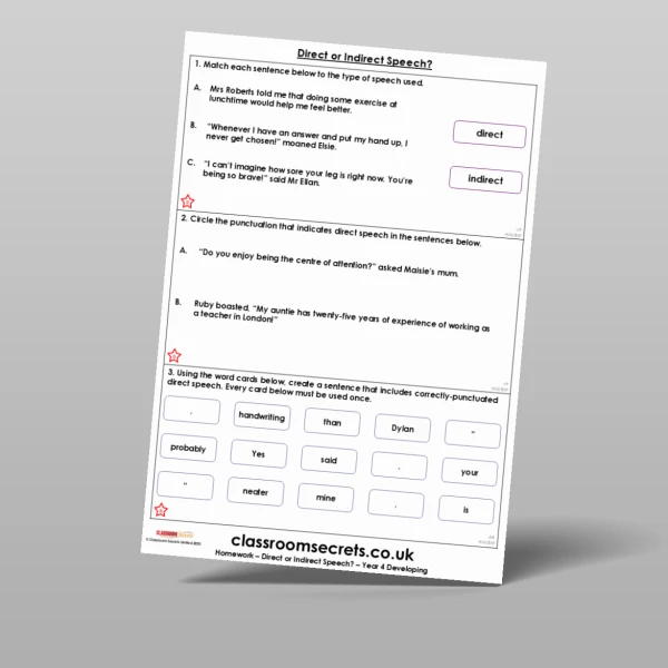An image of the Direct or Indirect Speech? Homework Resource
