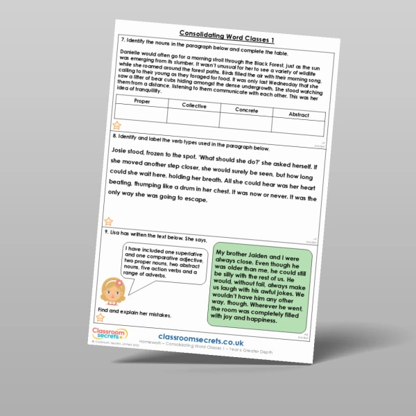 An image of the Consolidating Word Classes 1 Homework Resource