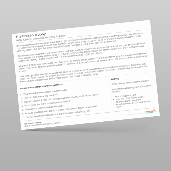 An image of the Moral Dilemma Reading Activity - The Broken Trophy Resource