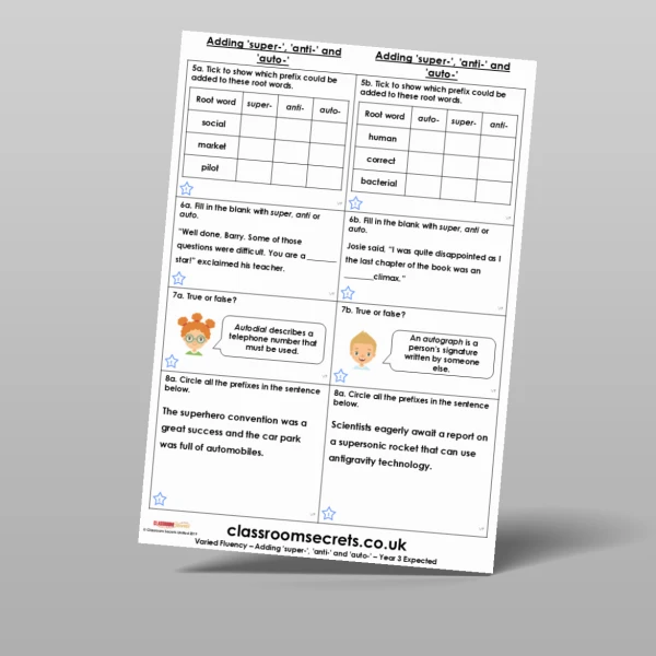 An image of the Adding ‘super-’, ‘anti-’ and ‘auto-’ Varied Fluency Resource