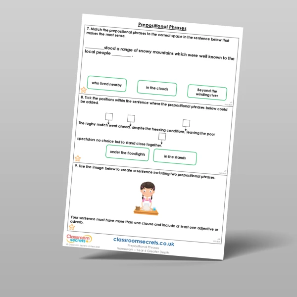 An image of the Prepositional Phrases Homework Resource