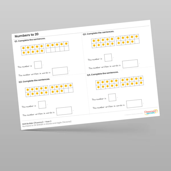 An image of the Numbers to 20 Written in Words and Digits (Pictorial) Skill Builder Resource
