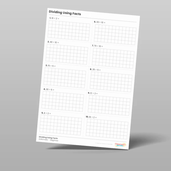An image of the Dividing Using Facts Arithmetic Test Resource
