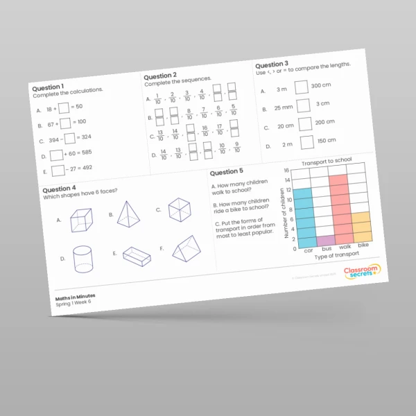 An image of the Spring 1 Week 6 Maths in Minutes Resource