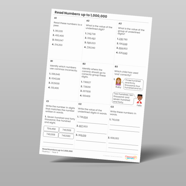 Year 5 Read Numbers Up To 1 000 000 Fluency Matrix Resource | Classroom ...