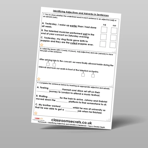 An image of the Identifying Adjectives and Adverbs in Sentences Homework Resource