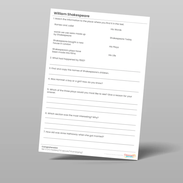 An image of the William Shakespeare Comprehension Pack Resource