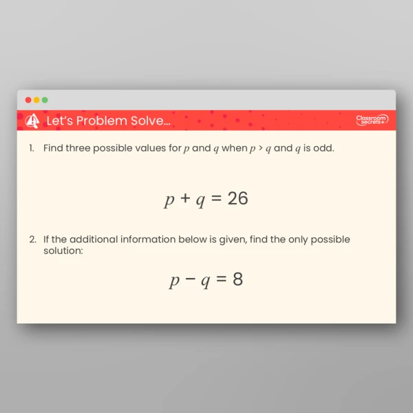 An image of the Solve Problems with Two Unknowns Teaching PPT Resource