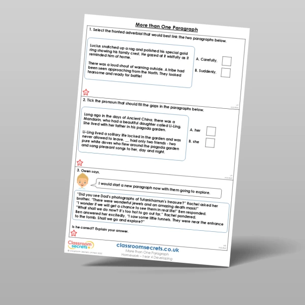 An image of the More than One Paragraph Homework Resource