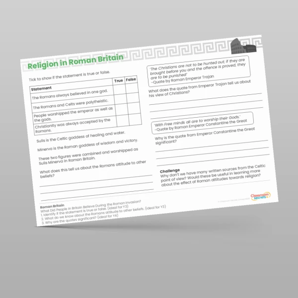 An image of the Lesson 5: What Did People in Britain Believe During the Roman Invasion? Worksheet Resource