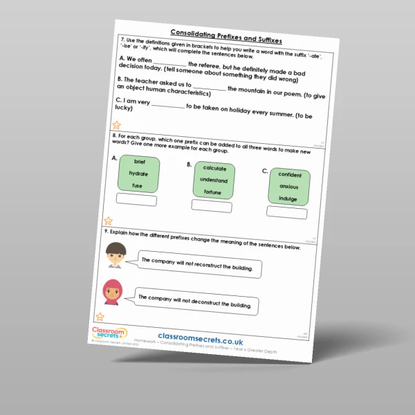 An image of the Consolidating Prefixes and Suffixes Homework Resource