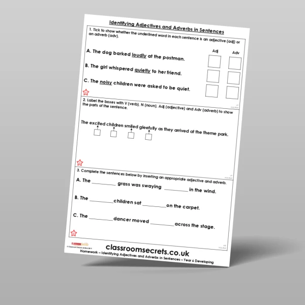 An image of the Identifying Adjectives and Adverbs in Sentences Homework Resource