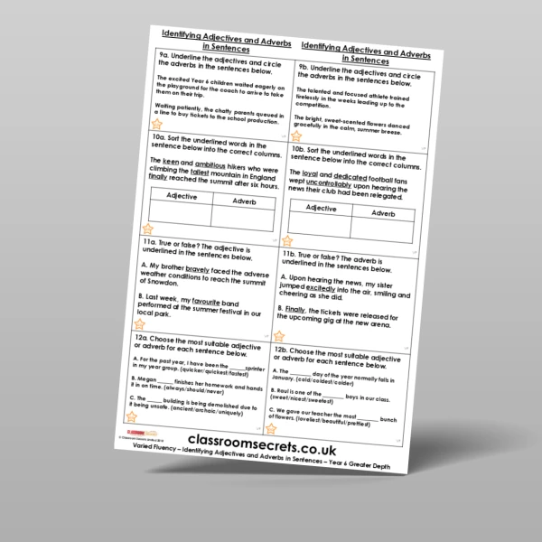 An image of the Identifying Adjectives and Adverbs in Sentences Varied Fluency Resource
