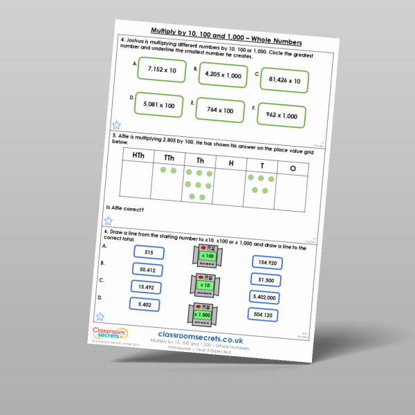 Year 5 Multiply By 10 100 And 1 000 Whole Numbers Homework Resource ...