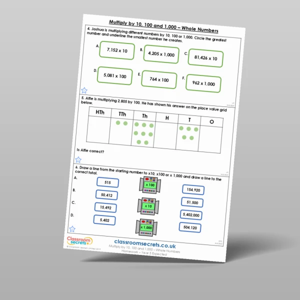 An image of the Multiply by 10, 100 and 1,000 - Whole Numbers Homework Resource